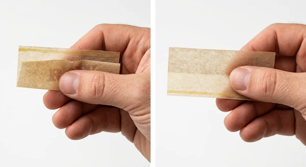 Zwei Hände halten Blättchen: links falsch ausgerichtet, rechts korrekt mit Klebestreifen außen unten