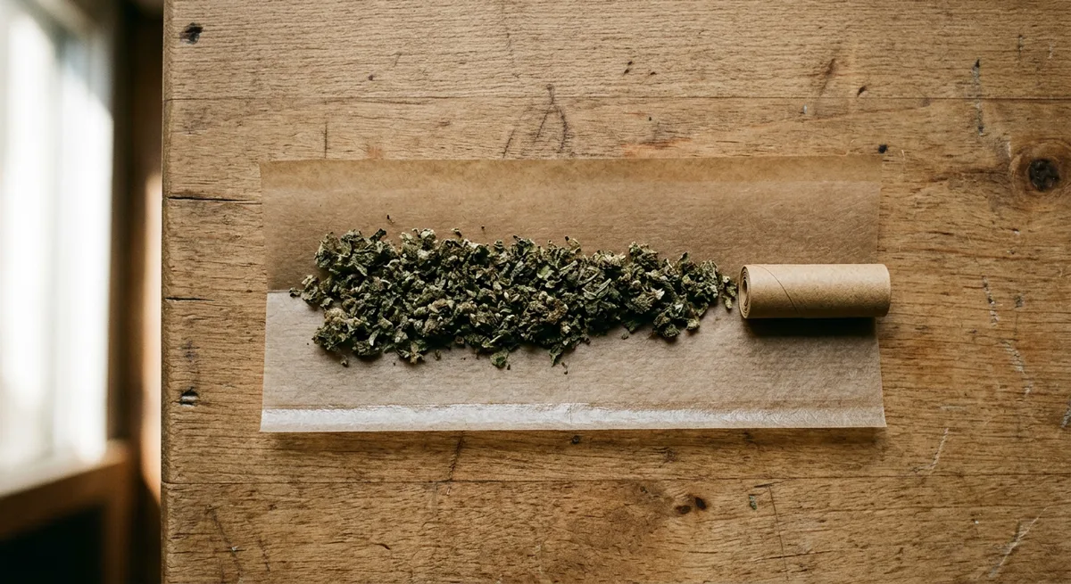 Aufgefächertes Rollpapier mit nach außen zeigendem Klebestreifen, Filter und gemahlenem Kraut daneben