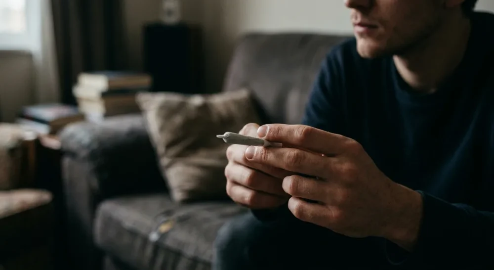 Person sitzt allein im Halbdunkel mit einem Joint in der Hand und wirkt leer und antriebslos