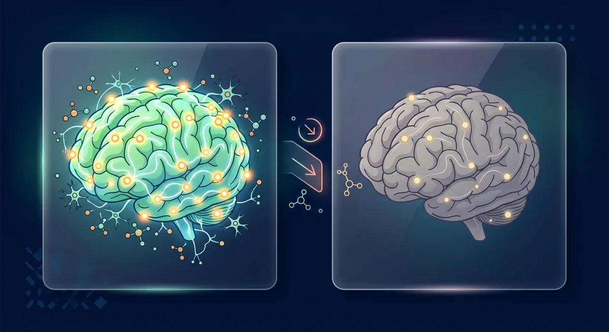 Zwei Gehirn-Illustrationen im Vergleich: links viele aktive Rezeptoren, rechts wenige gedämpfte Rezeptoren nach Dauerkonsum