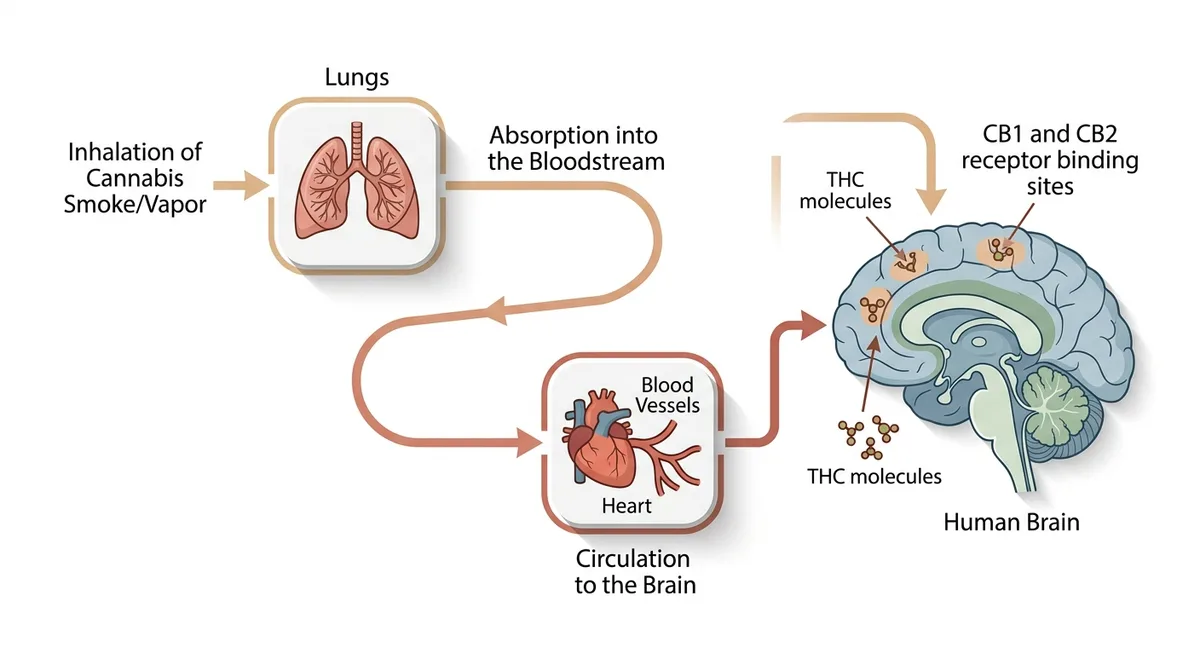 Illustration eines Gehirns mit eingezeichneten Cannabinoid-Rezeptoren und THC-Molekülen im Blutkreislauf