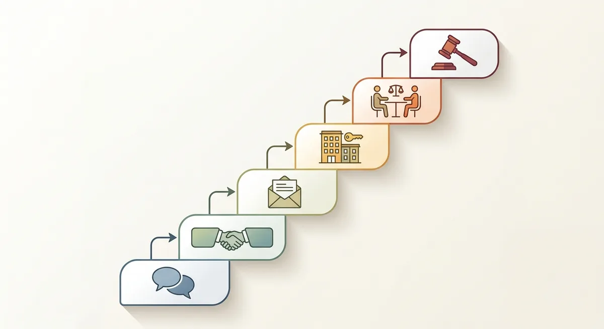 Stufendiagramm als Treppe mit sechs Eskalationsstufen von Gespraech bis Rechtsweg