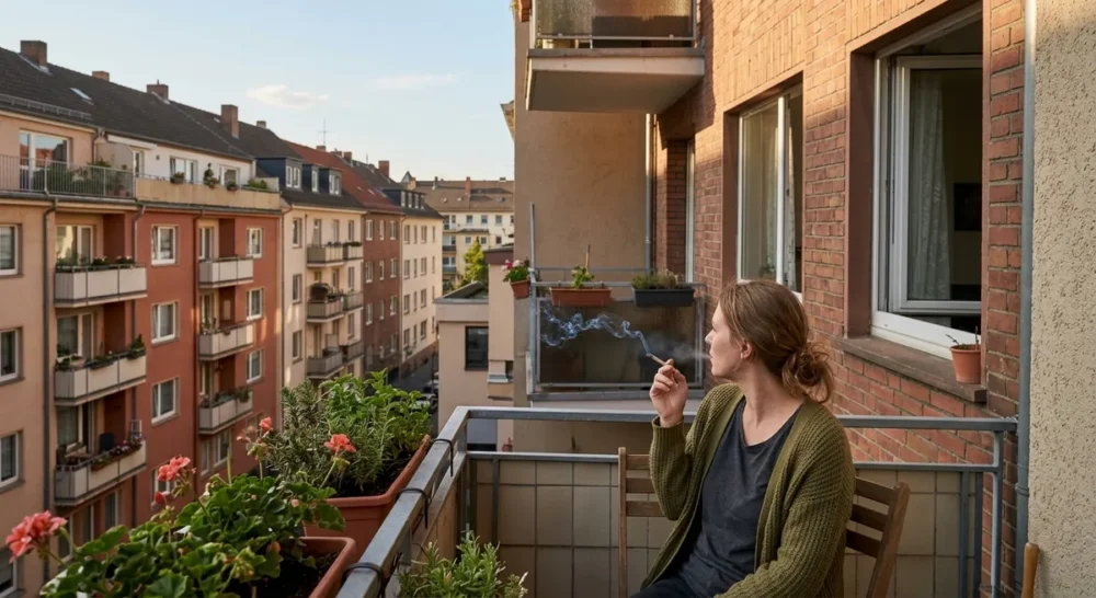 Person auf Mehrfamilienhaus-Balkon mit Rauch, der zum Nachbarbalkon zieht