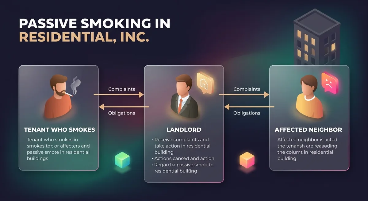 Diagramm mit drei Personen: rauchender Mieter, betroffener Nachbar und Vermieter mit Verbindungspfeilen
