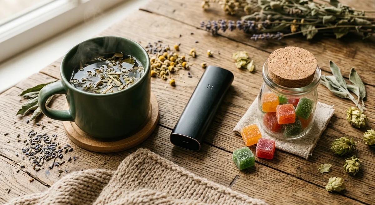 Draufsicht auf drei Cannabis-Konsumformen: Tasse Tee, Vaporizer und Edibles nebeneinander auf Holztisch
