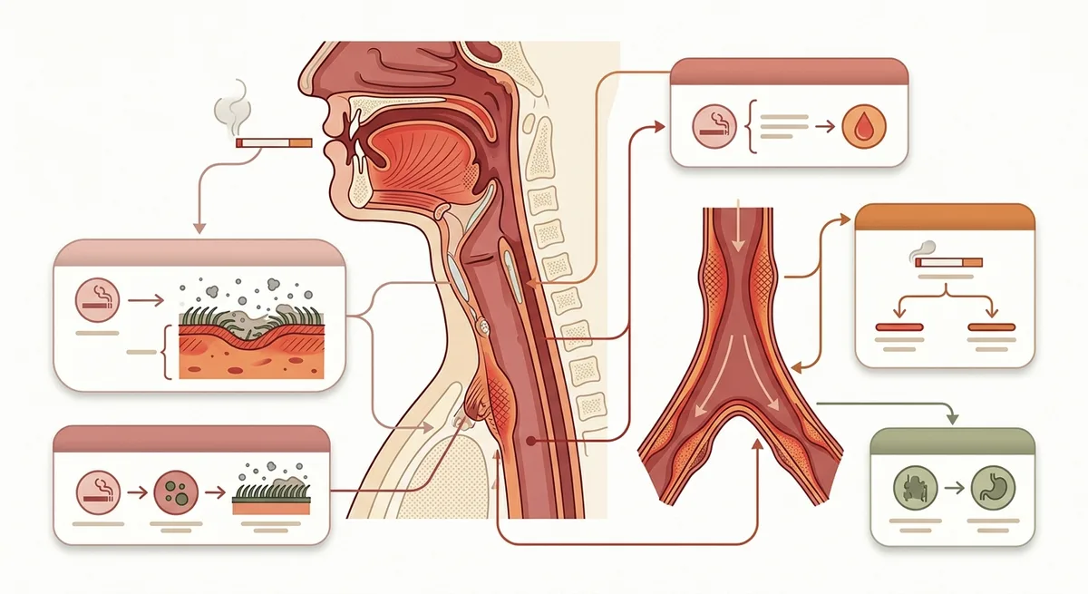 Medizinische Illustration zeigt gereizte Atemwegsschleimhaut mit abgeflachten Flimmerhärchen durch Rauch