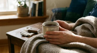 Person mit Erkältung in Decke gehüllt, hält dampfende Tasse Tee neben einem Vaporizer
