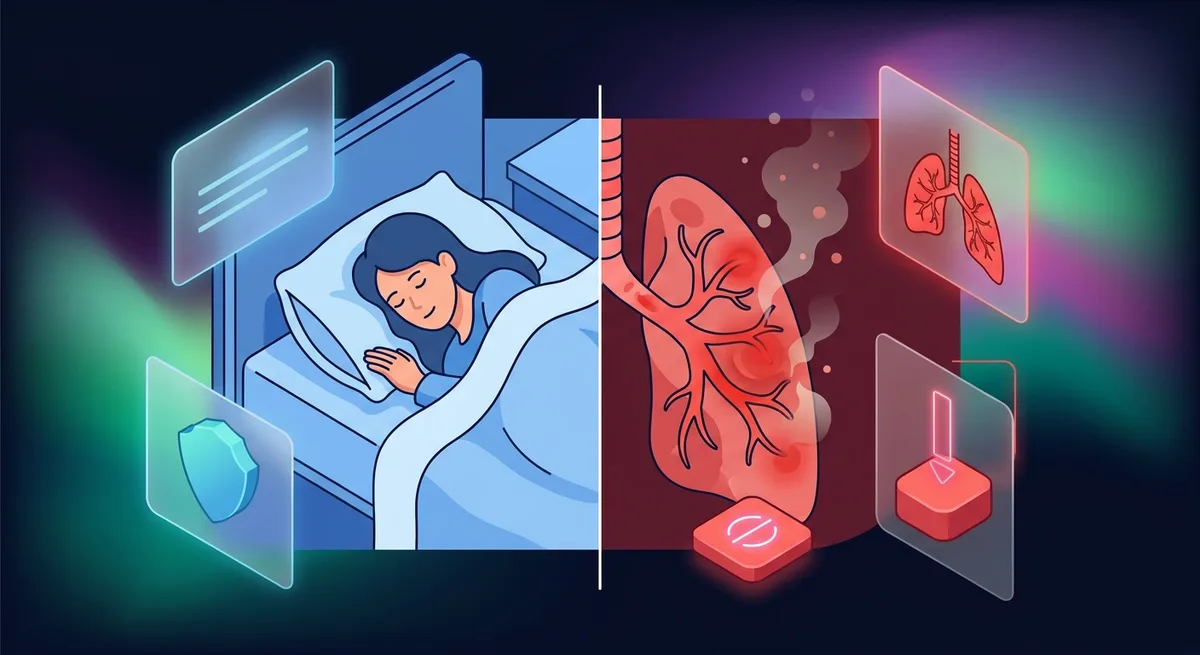 Illustration zeigt schlafende Person auf einer Seite und gereizte Atemwege durch Rauch auf der anderen