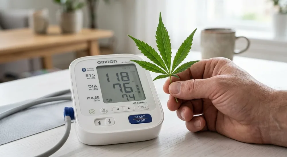 Hand hält Cannabisblatt neben einem digitalen Blutdruckmessgerät