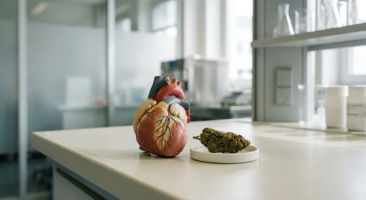 Anatomisches Herzmodell neben einer Cannabisblüte auf weißer Oberfläche