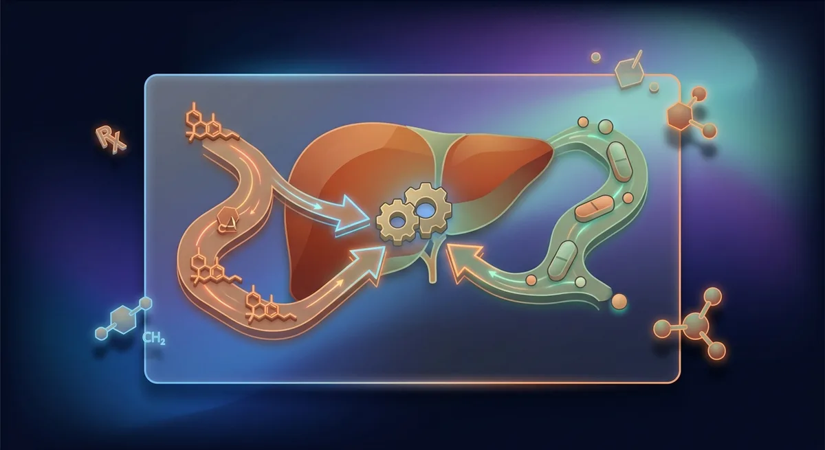 Illustration einer Leber mit zwei molekularen Abbaupfaden für CBD und Medikamente