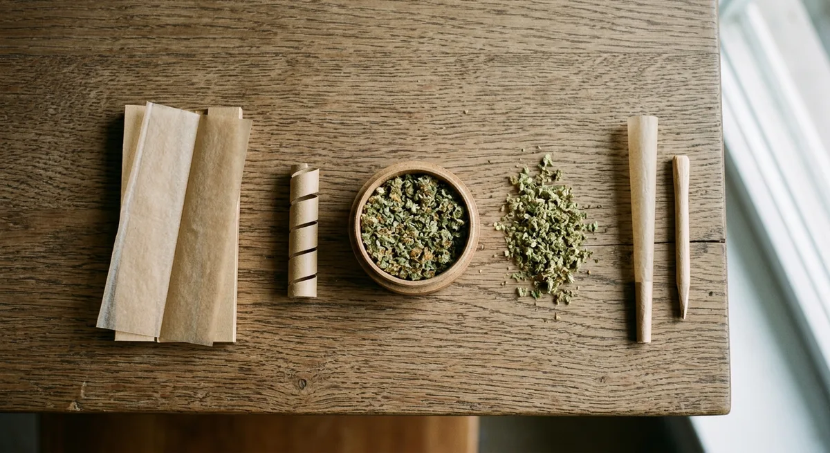 Aufgefaechterte Materialien fuer einen puren Joint: Hanfpaper, Filtertip und gleichmaessig gemahlenes Cannabis