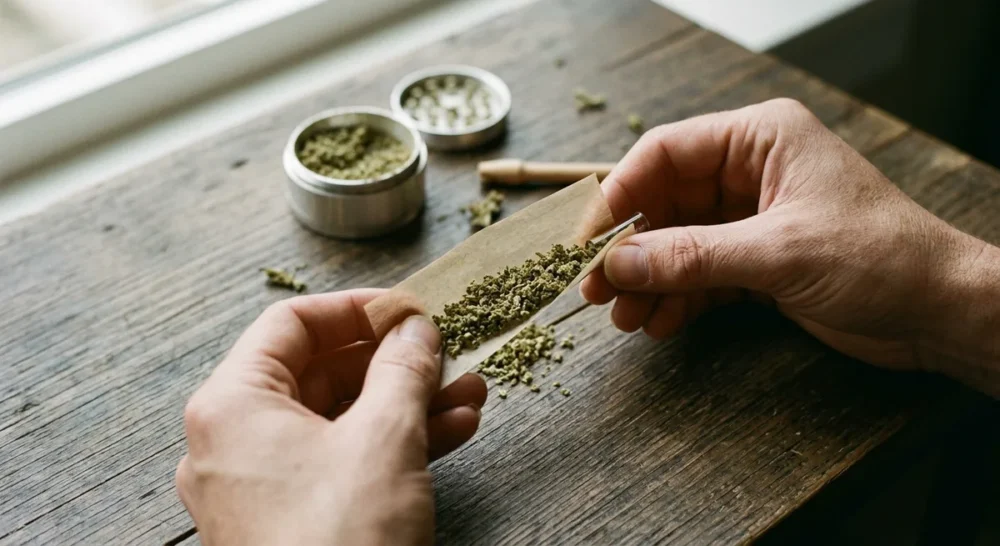 Haende drehen einen puren Joint mit Hanfpapier und Gruinder auf einem Holztisch