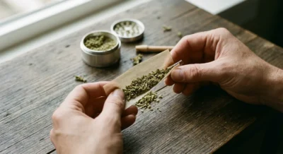 Haende drehen einen puren Joint mit Hanfpapier und Gruinder auf einem Holztisch