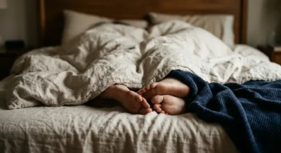 Zwei Personen liegen sich nah in warmem Kerzenlicht auf einem Bett mit weichen Laken