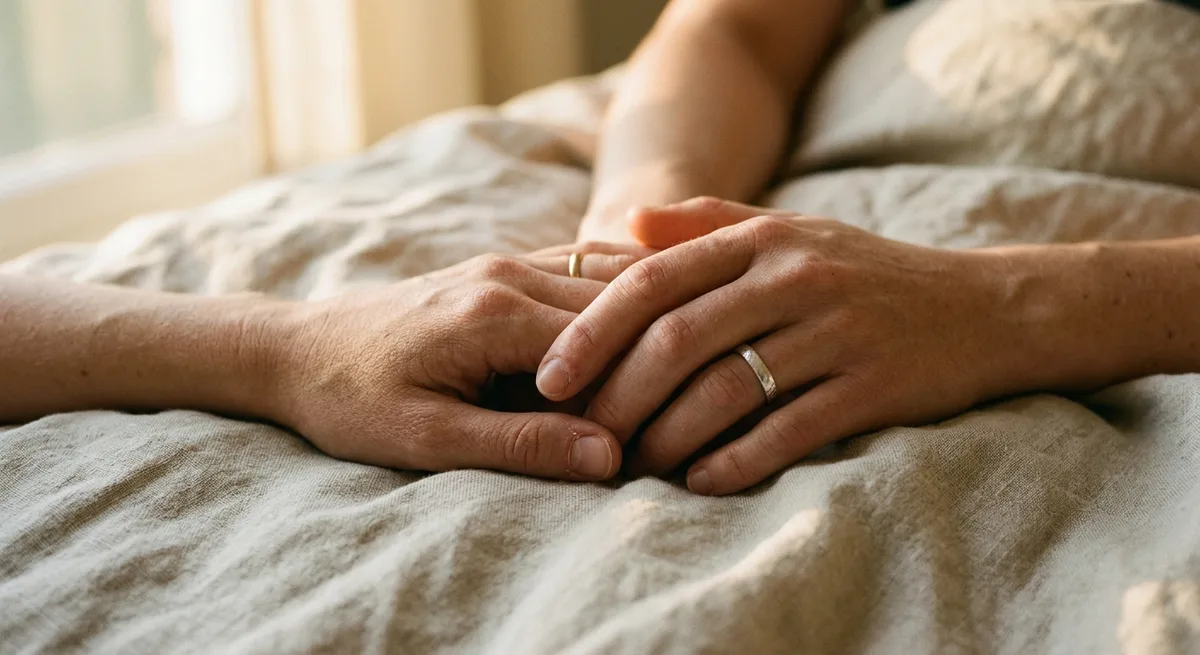 Zwei Hände berühren sich sanft auf hellem Leinenstoff in warmem Abendlicht