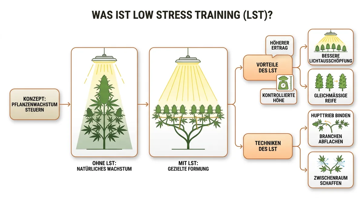 Illustration zweier Cannabispflanzen im Vergleich: untrainierte Christbaumform links, flache LST-Struktur mit gleichmäßigen Buds rechts