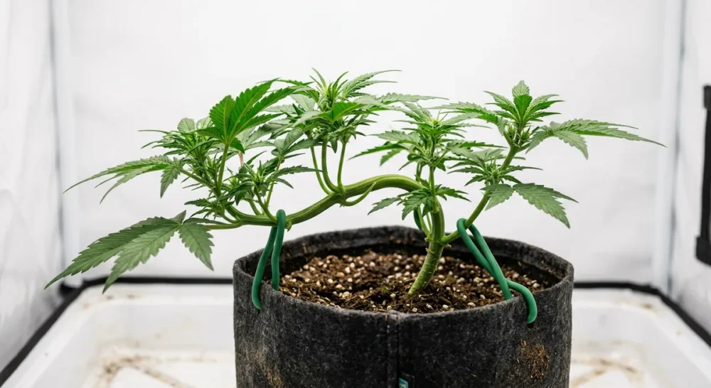 Junge Autoflower-Pflanze im Stofftopf mit grünem Pflanzenbinder, der den Haupttrieb seitlich fixiert