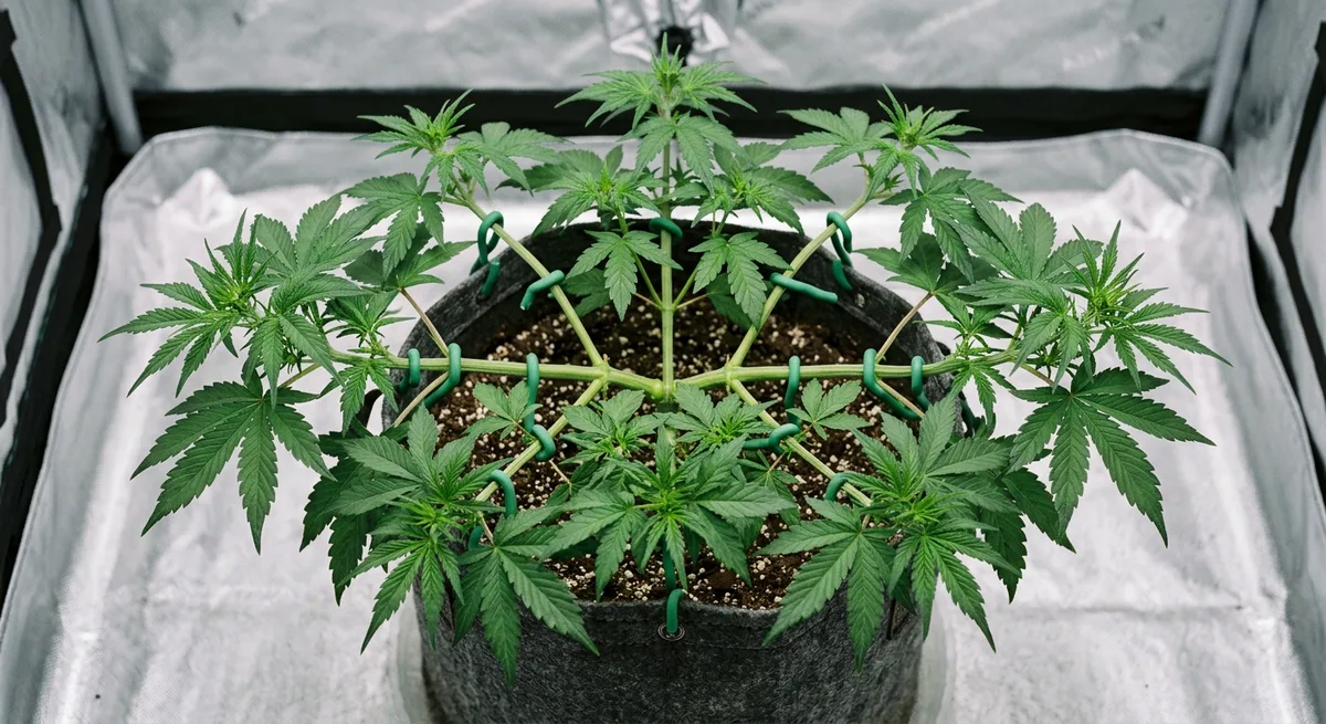 Autoflower von oben mit gleichmäßig um den Topf verteilten, fixierten Trieben wie Uhrzeigerpositionen