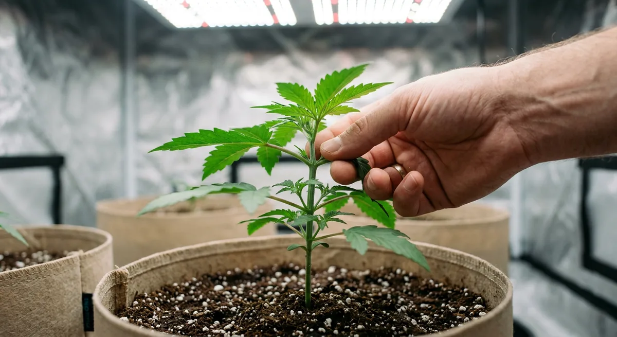 Growerhand testet Flexibilität des Hauptstamms einer Autoflower mit 4 Knotenpunkten zwischen Daumen und Zeigefinger