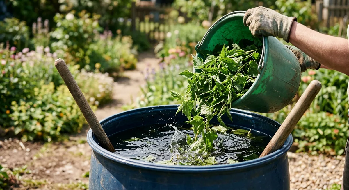 Person füllt frische Brennnesseln in ein Wasserfass zur Herstellung von Brennnessel-Jauche im Garten