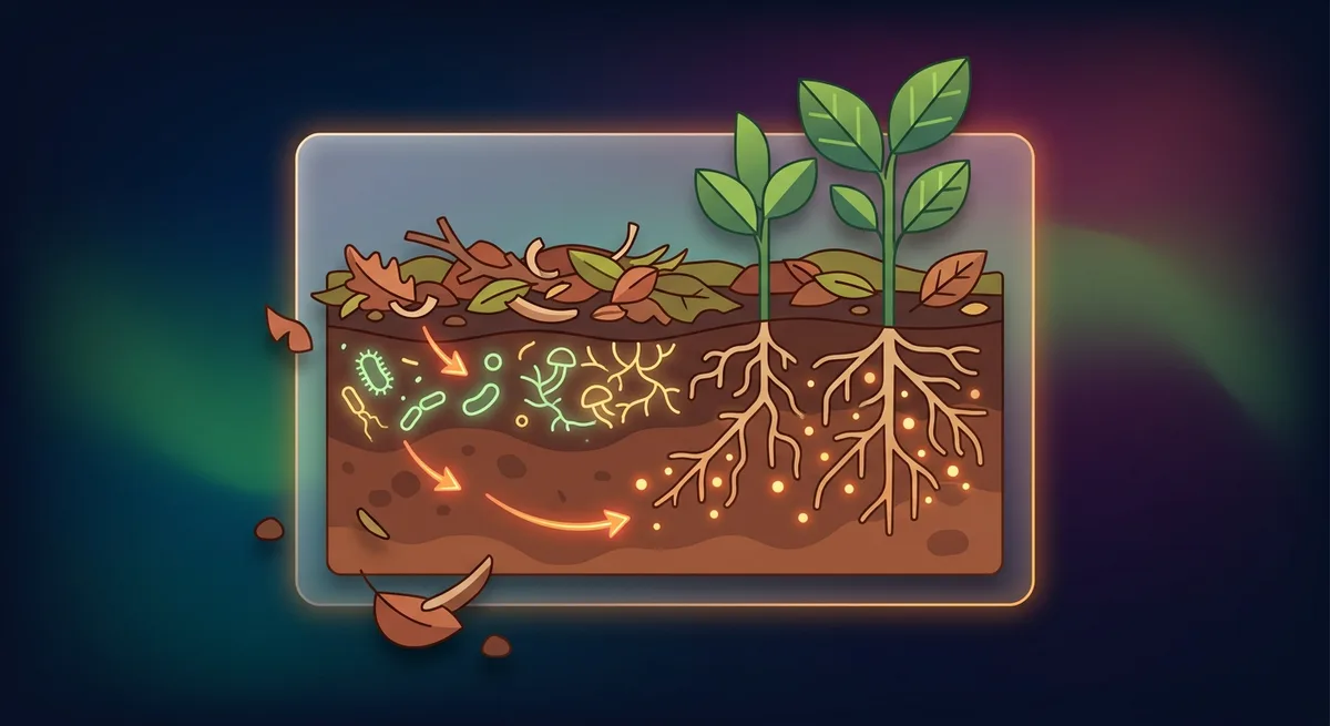 Illustration eines Bodenprofils zeigt Mikroorganismen beim Zersetzen von organischem Material und Nährstoffaufnahme durch Wurzeln