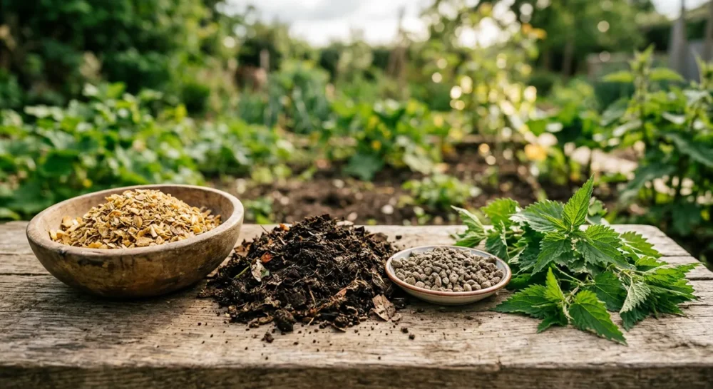 Verschiedene organische Dünger – Hornspäne, Kompost und Brennnesseln auf Holzuntergrund