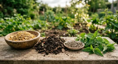 Verschiedene organische Dünger – Hornspäne, Kompost und Brennnesseln auf Holzuntergrund
