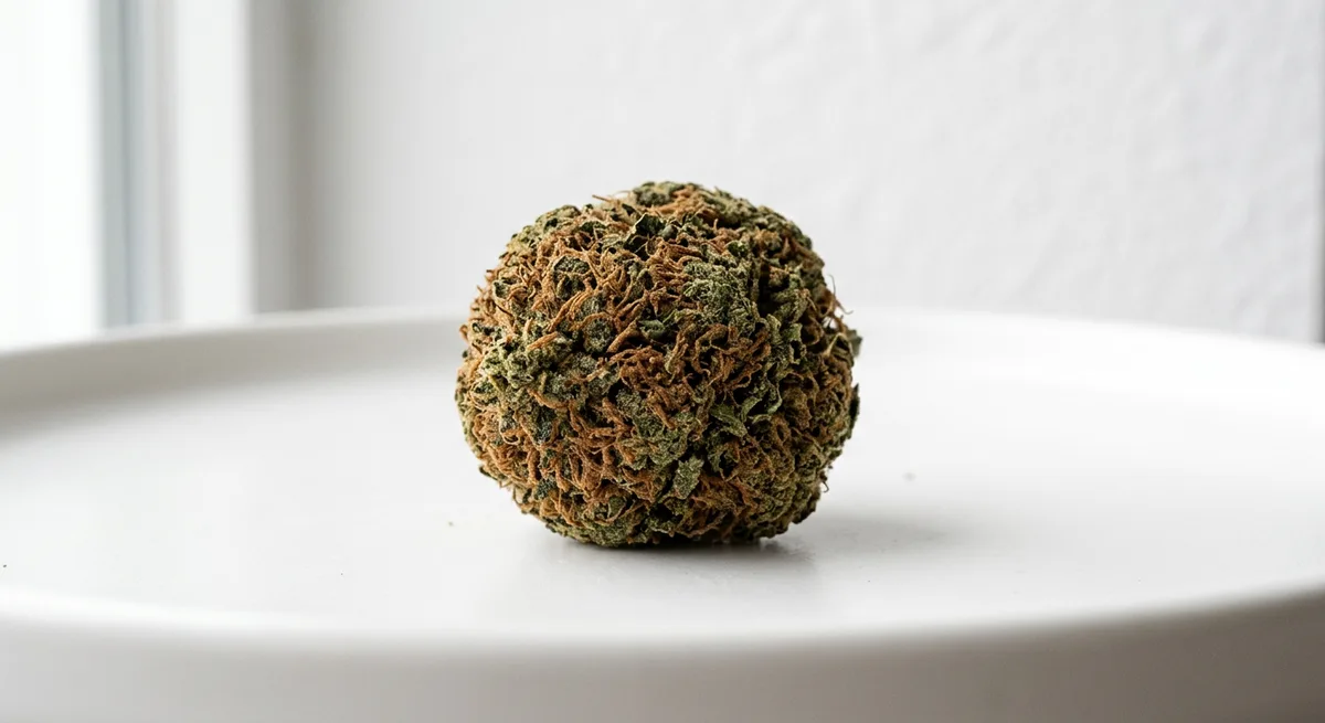 Makroaufnahme eines PGR-Cannabis-Buds: harte, runde Form, dichte orangene Pistillen, kaum Trichome sichtbar