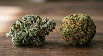 Zwei Cannabis-Buds im Vergleich: links natürlich mit Trichomen, rechts PGR-behandelt mit harter Oberfläche