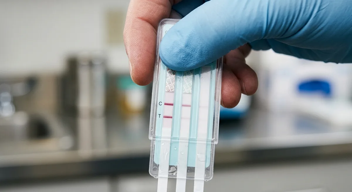 Nahaufnahme eines Drogenteststreifens zwischen Fingern vor weißem klinischem Hintergrund