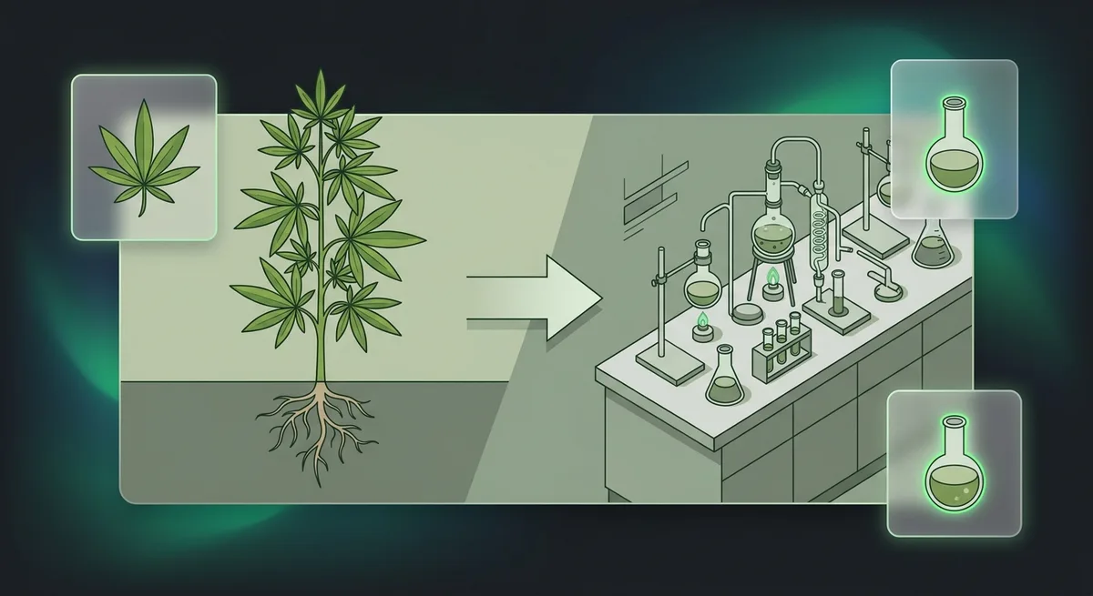 Hanfpflanze auf der linken Seite und Laborausrüstung auf der rechten Seite, verbunden durch einen Pfeil