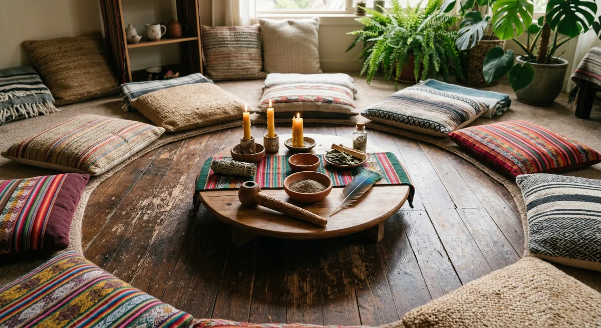 Kreisförmig angeordnete Kissen mit Zeremonialgegenständen und Kerzen auf Holzboden
