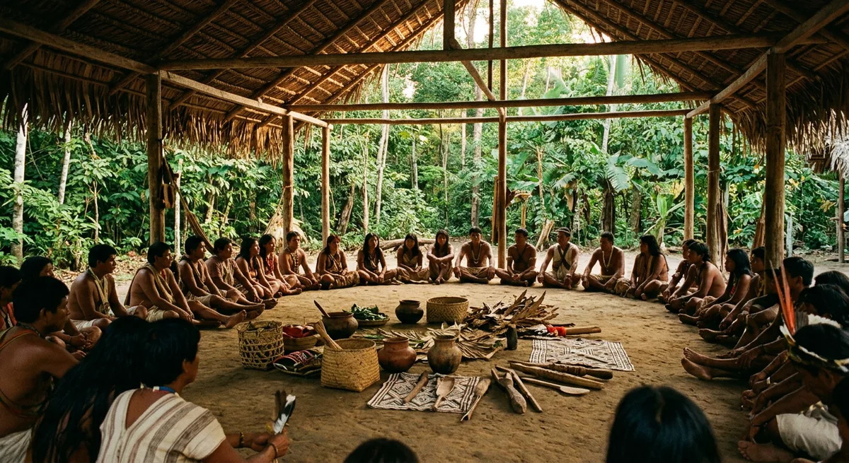 Indigene Gemeinschaft sitzt in einem Rundhaus im Amazonas-Regenwald bei Tageslicht