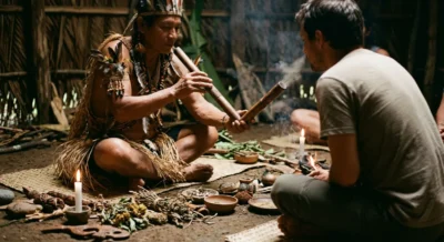 Schamane hält ein Tepi-Blasrohr bei einer indigenen Zeremonie in warmem Kerzenlicht