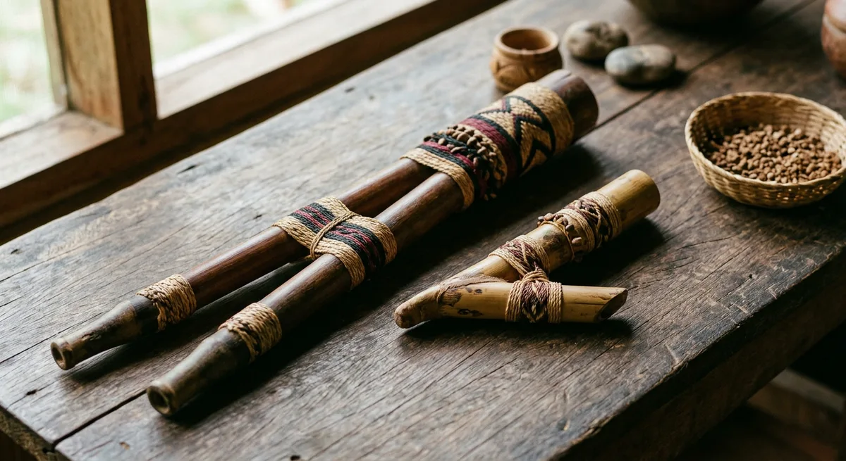 Tepi-Blasrohr und Kuripe-Rohr aus Holz und Bambus auf Holzuntergrund nebeneinander