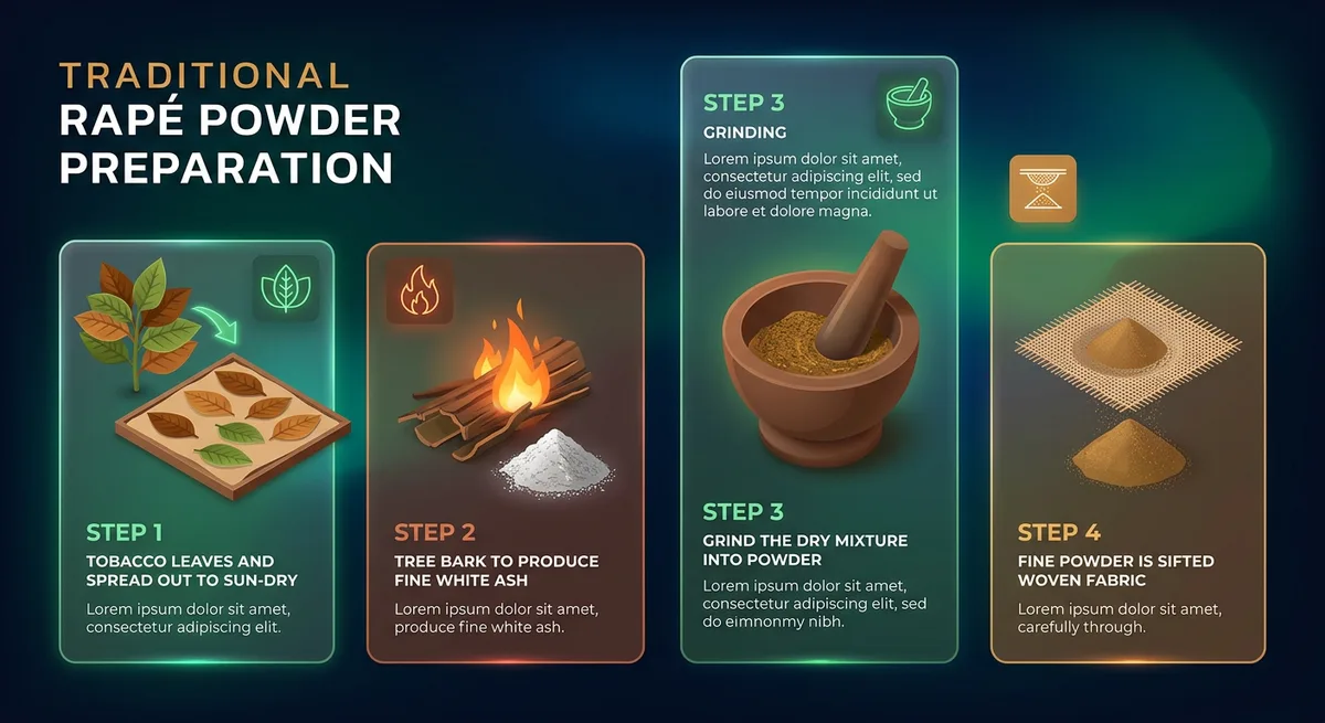 Vierschrittiger Herstellungsprozess von Rapé-Pulver als illustrierte Infografik