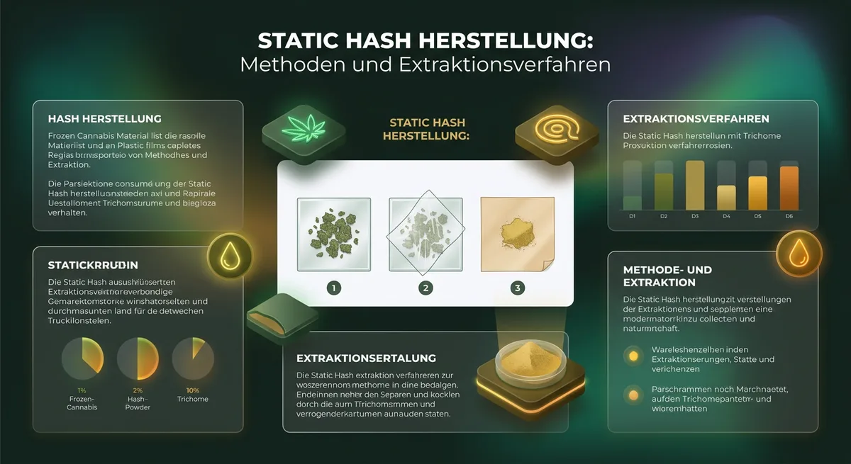 Drei Schritte der Static Hash Herstellung: Pflanzenmaterial, Folienreibung und gesammeltes Trichom-Pulver