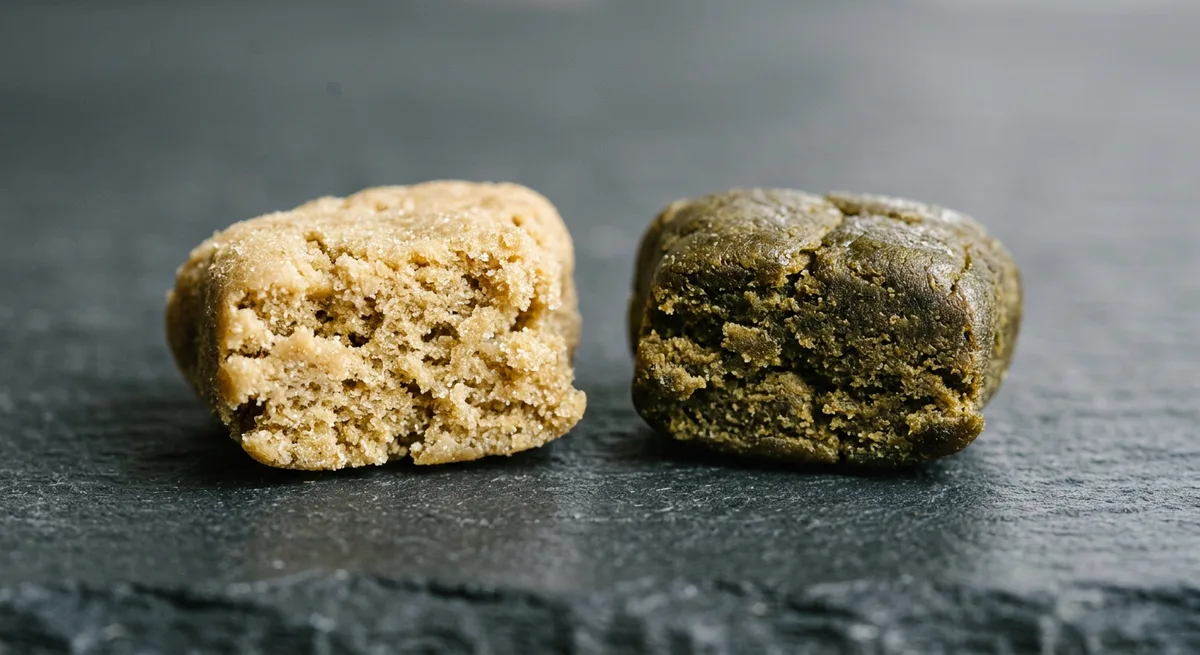 Zwei Hash-Stücke im Vergleich: helles goldenes Static Hash links, dunkleres minderwertiges Hash rechts