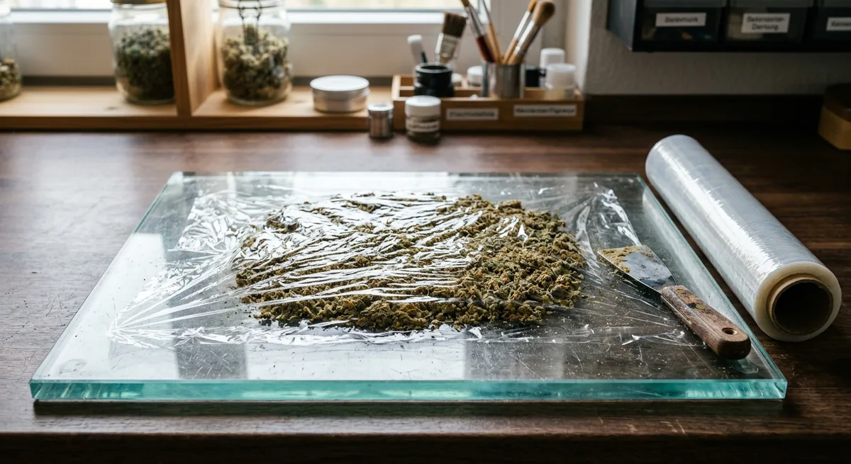 Static Hash Herstellung Zuhause: Pflanzenmaterial auf Glasplatte mit Frischhaltefolie