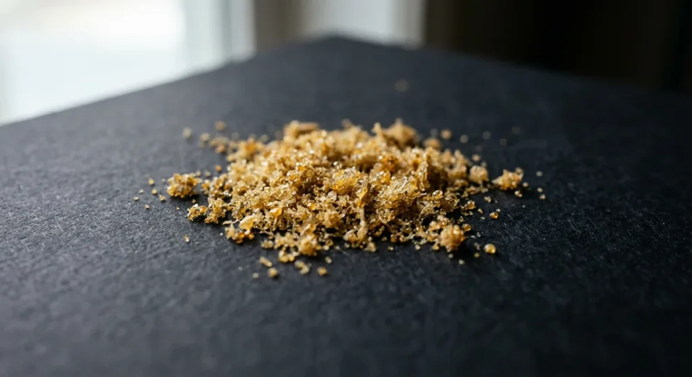 Feines, goldenes Trichom-Pulver (Static Hash) auf dunklem Untergrund in Nahaufnahme