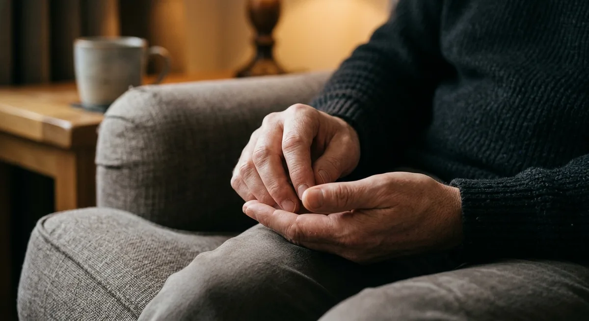 Entspannte Hände einer Person auf dem Sofa, warmes Umgebungslicht, ruhige Atmosphäre