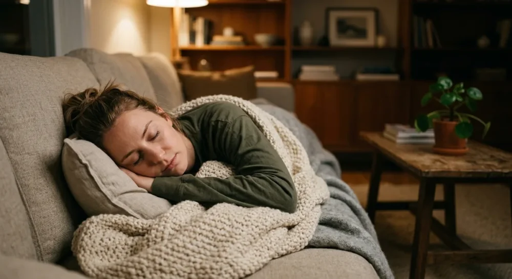 Person entspannt auf Sofa liegend mit geschlossenen Augen in warmem Licht