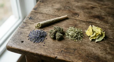 Aufgedrehter Joint neben getrockneten Kräutern wie Königskerze, Damiana und Lavendel auf Holzuntergrund