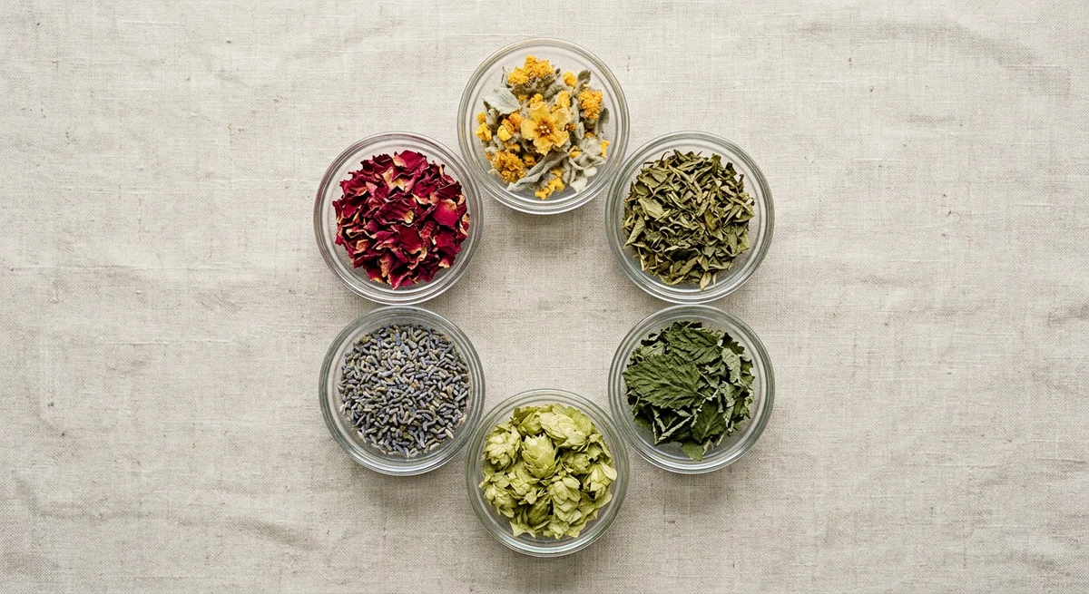 Sechs kleine Schalen mit verschiedenen Rauchkräutern: Königskerze, Damiana, Himbeerblätter, Hopfen, Lavendel und Rosenblätter