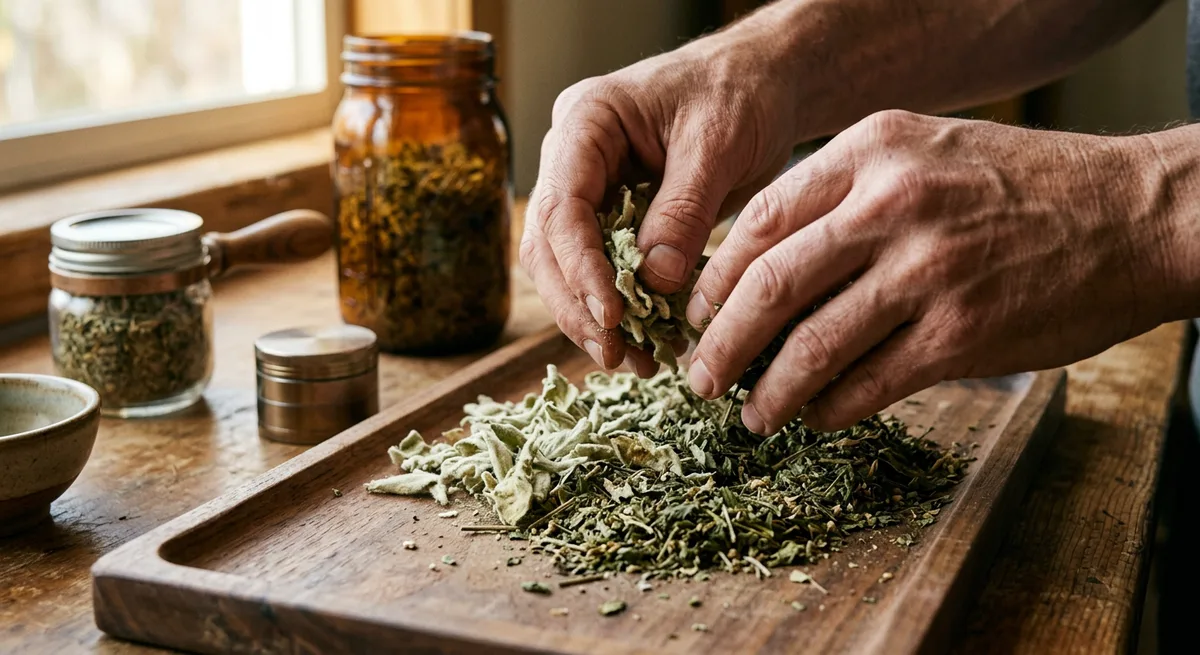 Hände mischen getrocknete Kräuter auf einem Drehtablett zum Selbermischen von Tabakersatz