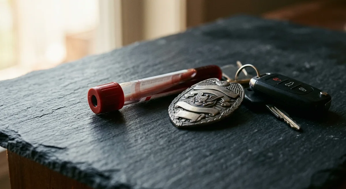 Blutprobenröhrchen neben Polizeimarke und Autoschlüssel symbolisiert THC-Grenzwert im Straßenverkehr