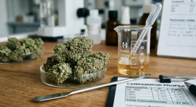 Cannabisblüten mit Trichomen neben Laborutensilien und Prozentwert-Diagramm