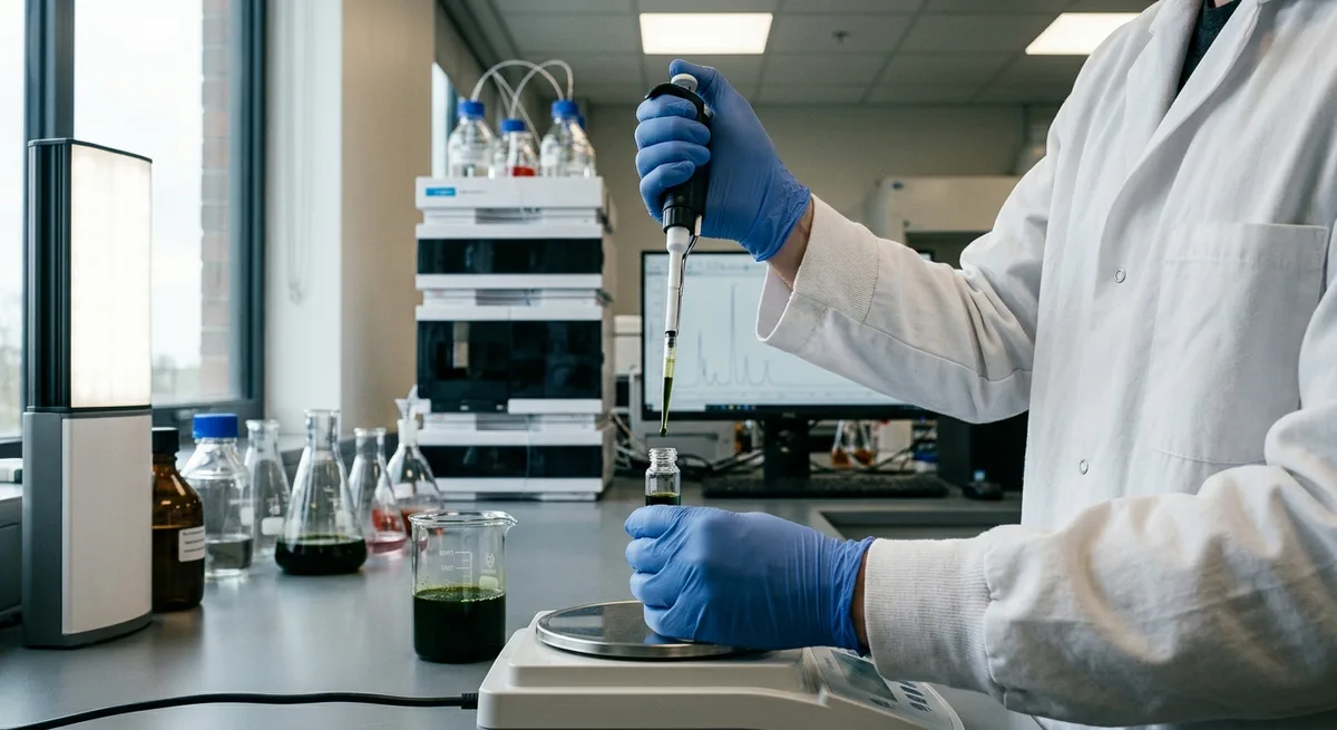 Wissenschaftler pipettiert Cannabisextrakt in Vial für HPLC-Laboranalyse
