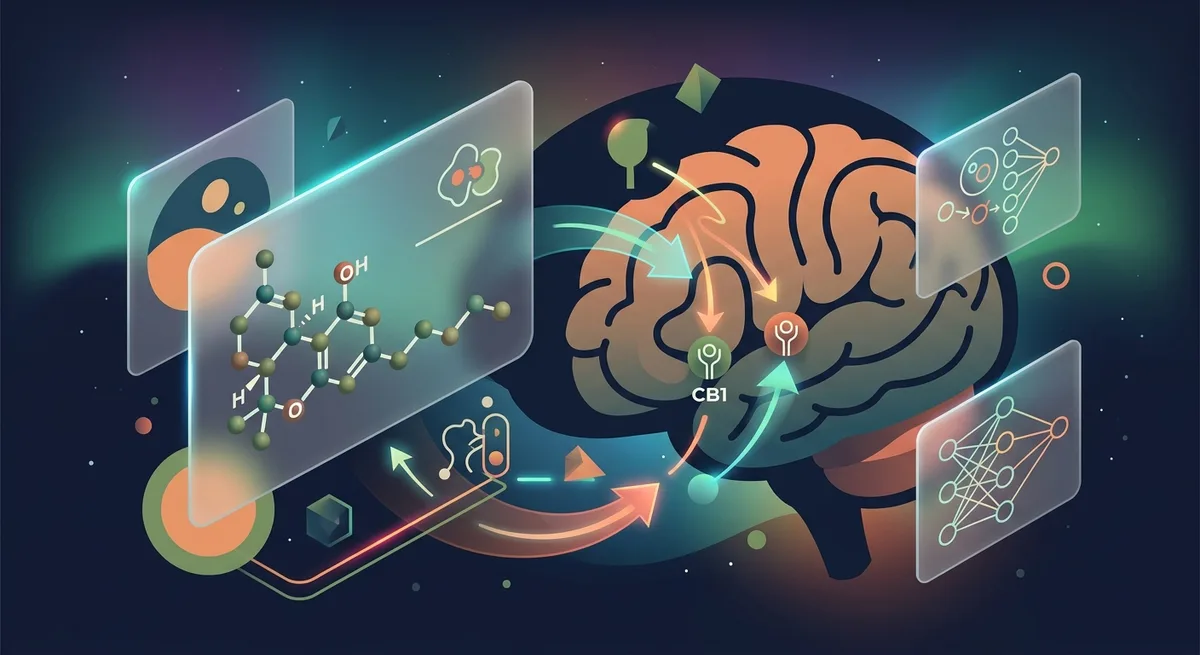 Illustration des THC-Moleküls, das an CB1-Rezeptoren im Gehirn andockt